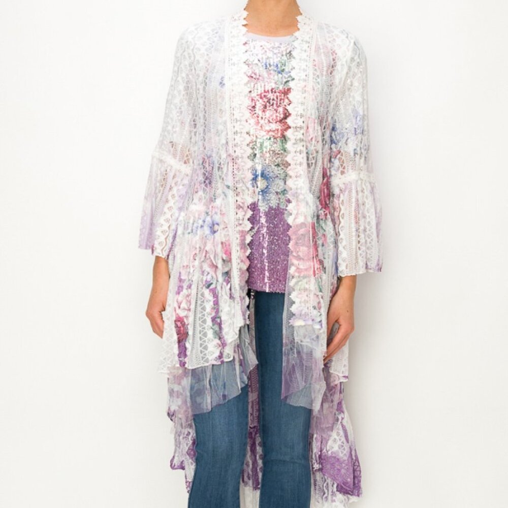 NEW ORIGAMI DESIGNER  FLORAL LACE purple SM-4X bohemian western duster CARDIGAN